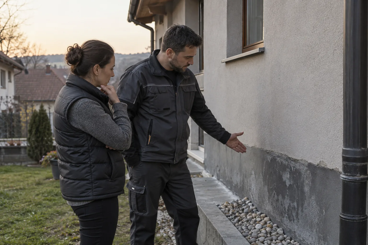 Izvođač razgovara sa vlasnikom kuće tokom pregleda objekta